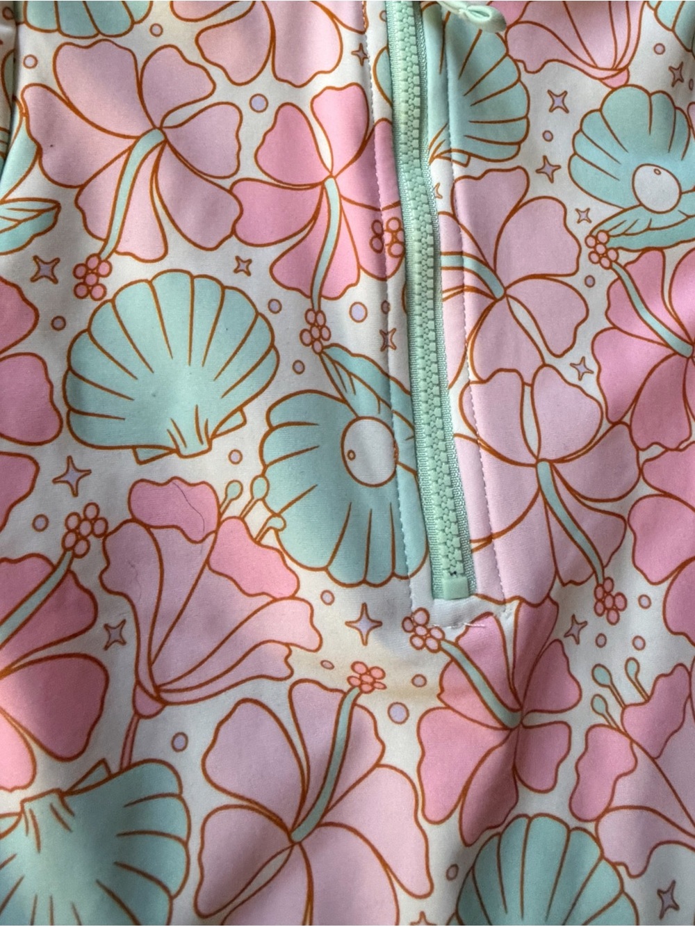 Caden Lane Pink & Mint Seashell Ruffle Rashguard One-Piece - Picture 6 of 7